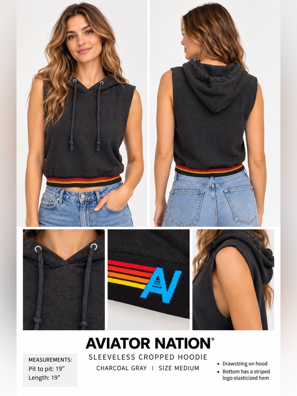 Aviator Nation Sleeveless Cropped Hoodie Charcoal Gray Medium Rainbow Stripe